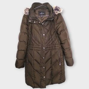 London Fog Womens Coat Sz XL Chevron Down Snap Zip‎ Long Pockets Faux Fur Hood